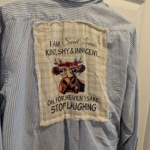 Striped Medium Blue & White Striped Button Front Shirt with Graphic Print